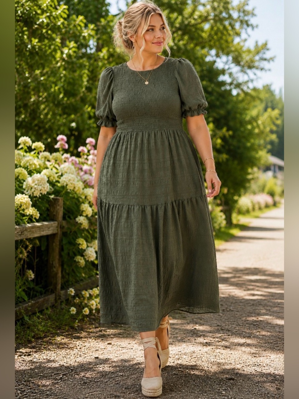 3X SHEIN Khaki Ruched-Stitch Bodice Dress, A-Line with Tiers